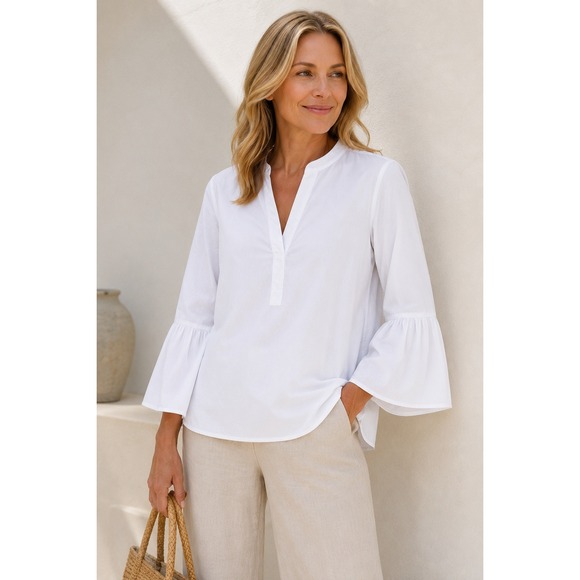 LOFT Tops - LOFT Womens White Cotton Softened Shirt M Bell Sleeve‎ V-Neck Tunic Blouse Boho